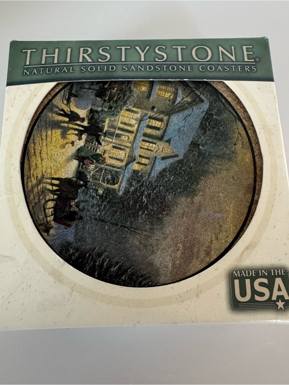 Set Of 4 Thomas Kinkade Thirstystone Coasters Sleigh Ride Home Sandstone & Cork - Picture 4 of 6
